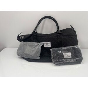 Zuomanni Black Quilted Duffel Bag 3 Piece Travel Set Weekend GymBag with Pouches